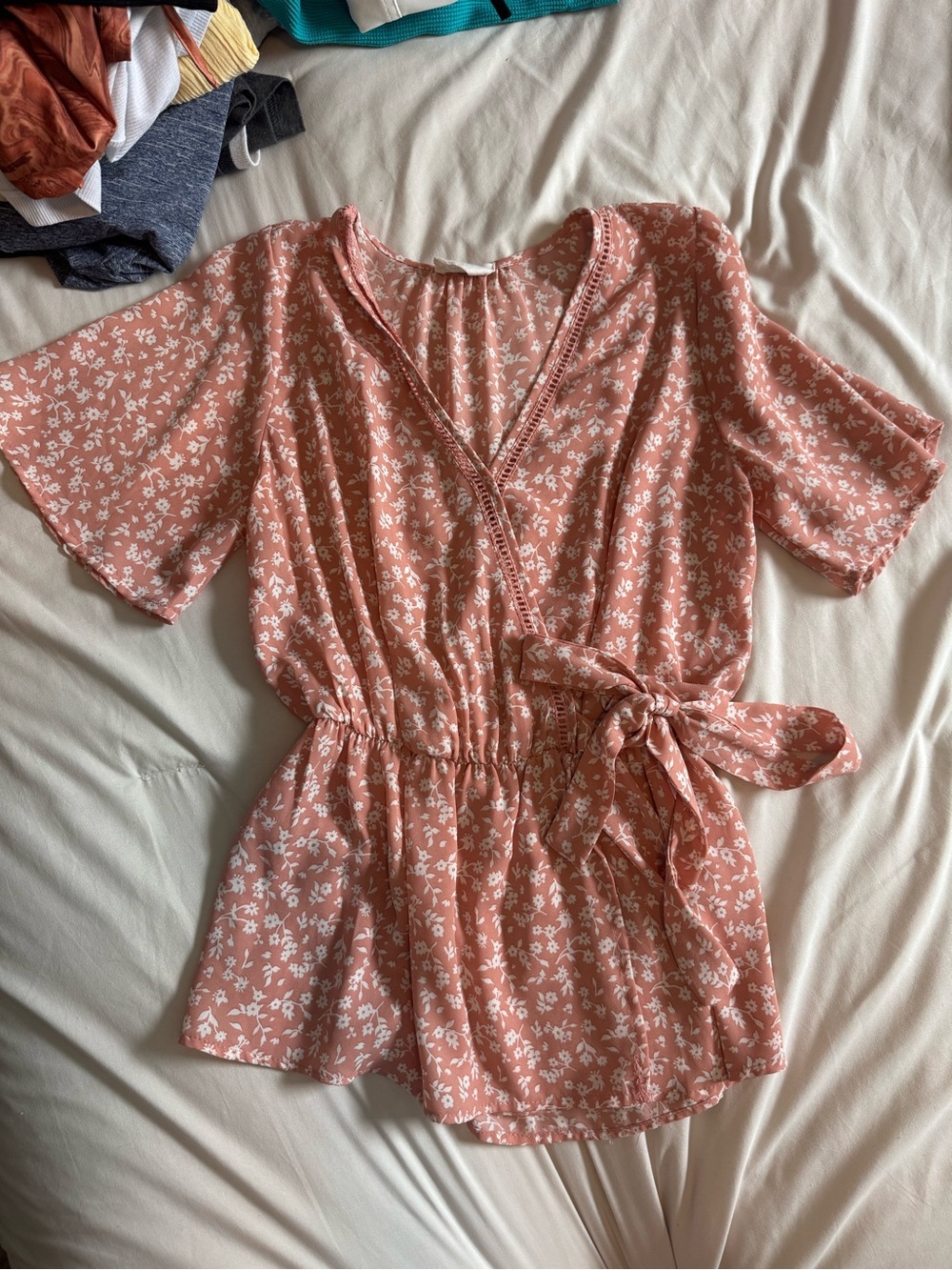Floral Tie-Waist Short Sleeve Top - Dusty Rose